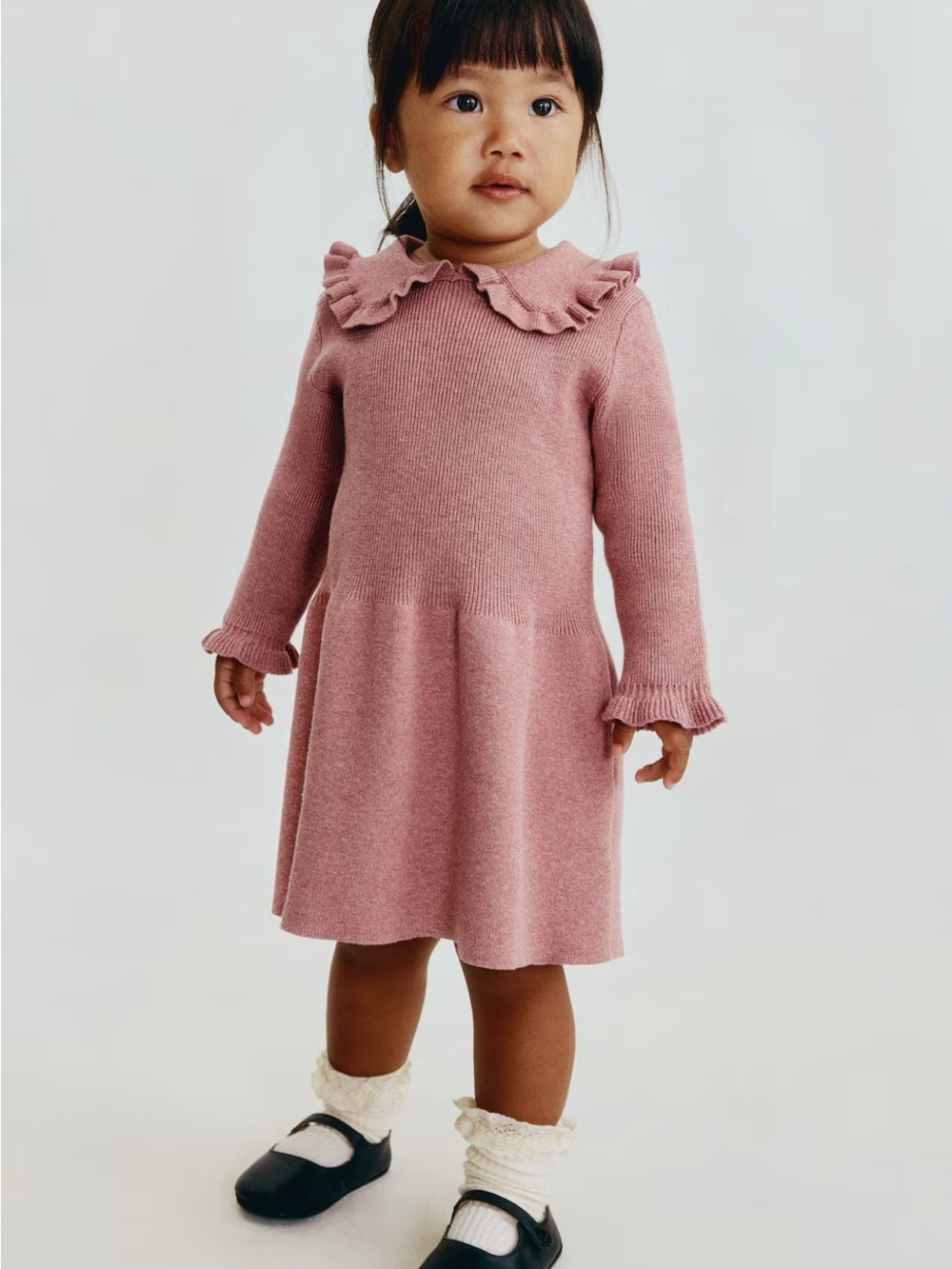 H&M - Soft Knit Ruffle Collar Kids Dress - Burgundy